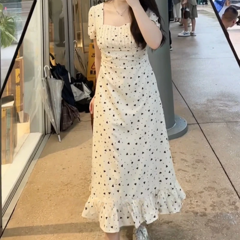 早秋时尚气质款波点中长裙秋季极简风连衣裙气质风白色拼接小白裙