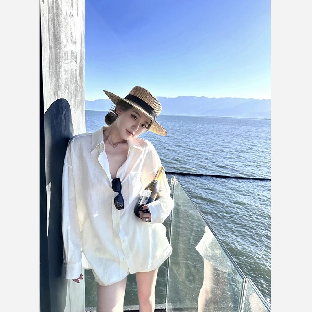 慵懒夏日老钱感高级中长袖宽松透气防晒衬衫时尚百搭短裤套装