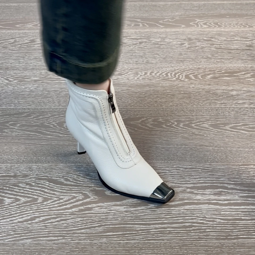 7CM头层羊皮方头软底弹力瘦瘦靴细跟气质粗跟时装靴绒里高跟女鞋