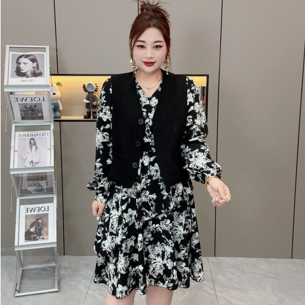 【两件套】早春洋气高品显瘦马甲大码女装两件套裙  马甲➕碎花裙