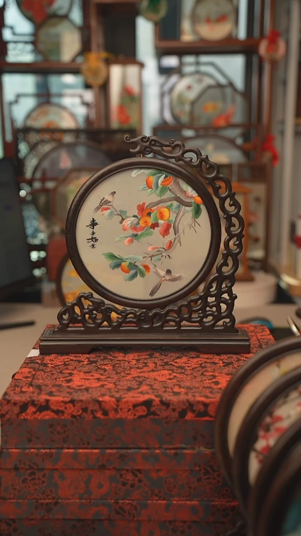 扇子龙头架 苏绣双面绣摆台