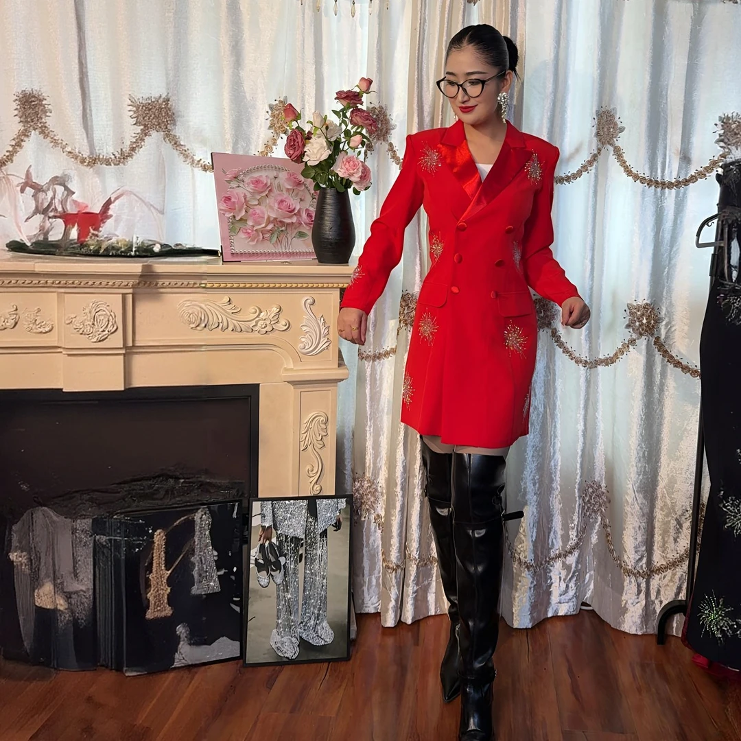 长袖女装连衣裙西装领高腰中式女士秋季修身中长裙网红蕾丝显瘦