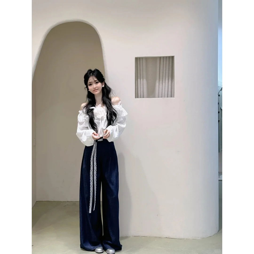 法式重工一字肩衬衫女设计感露肩衬衣超仙荷叶边上衣休闲长裤套装