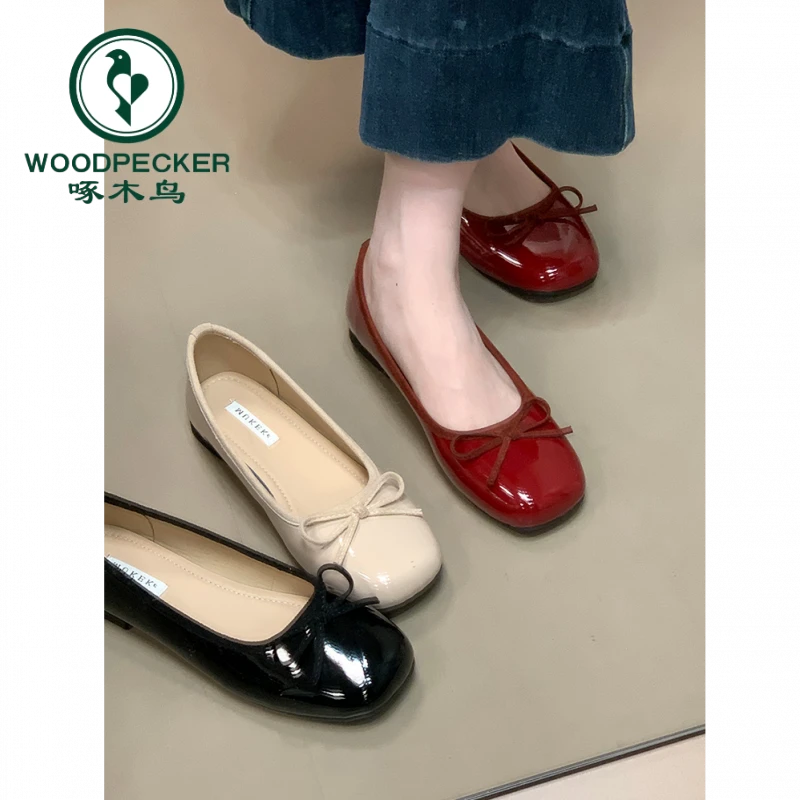 啄木鸟法式蝴蝶结浅口单鞋女2025年春秋新款平底奶奶鞋温柔晚晚鞋