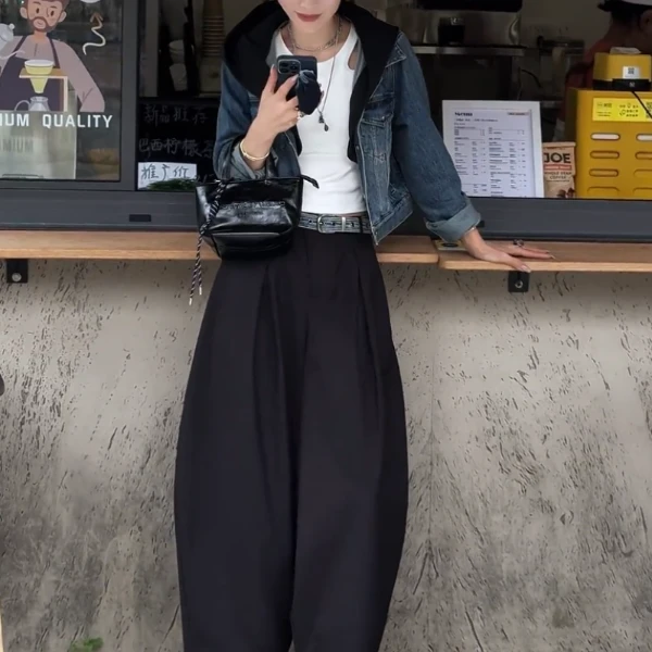 小众时髦黑色高腰裤子女2025夏季新款百搭显瘦宽松阔腿裤九分裤潮