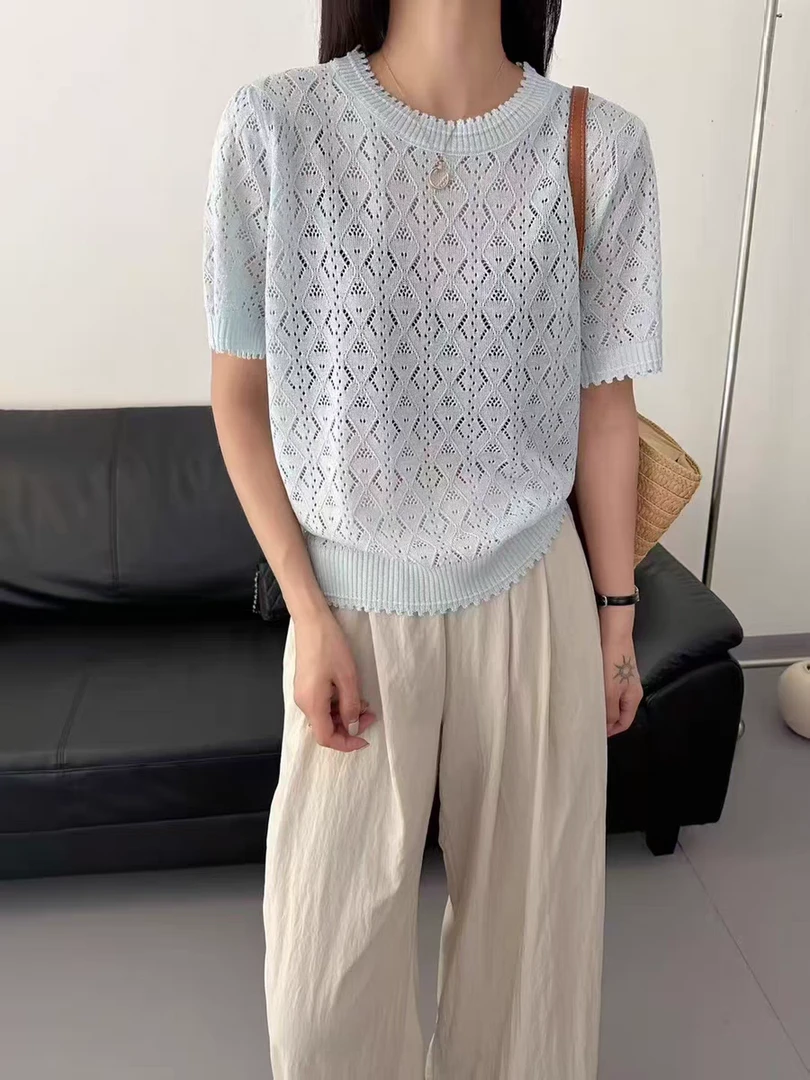 ANYUMO/安妤茉68113菱形勾花镂空圆领针织衫套头时尚百搭薄款夏女