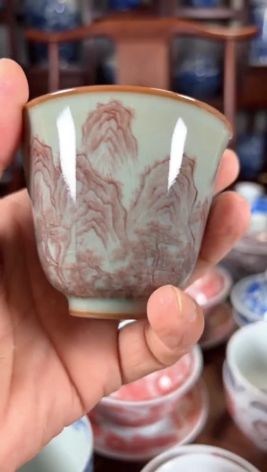 柴窑釉里红老陶泥山水纹杯杯瑕疵