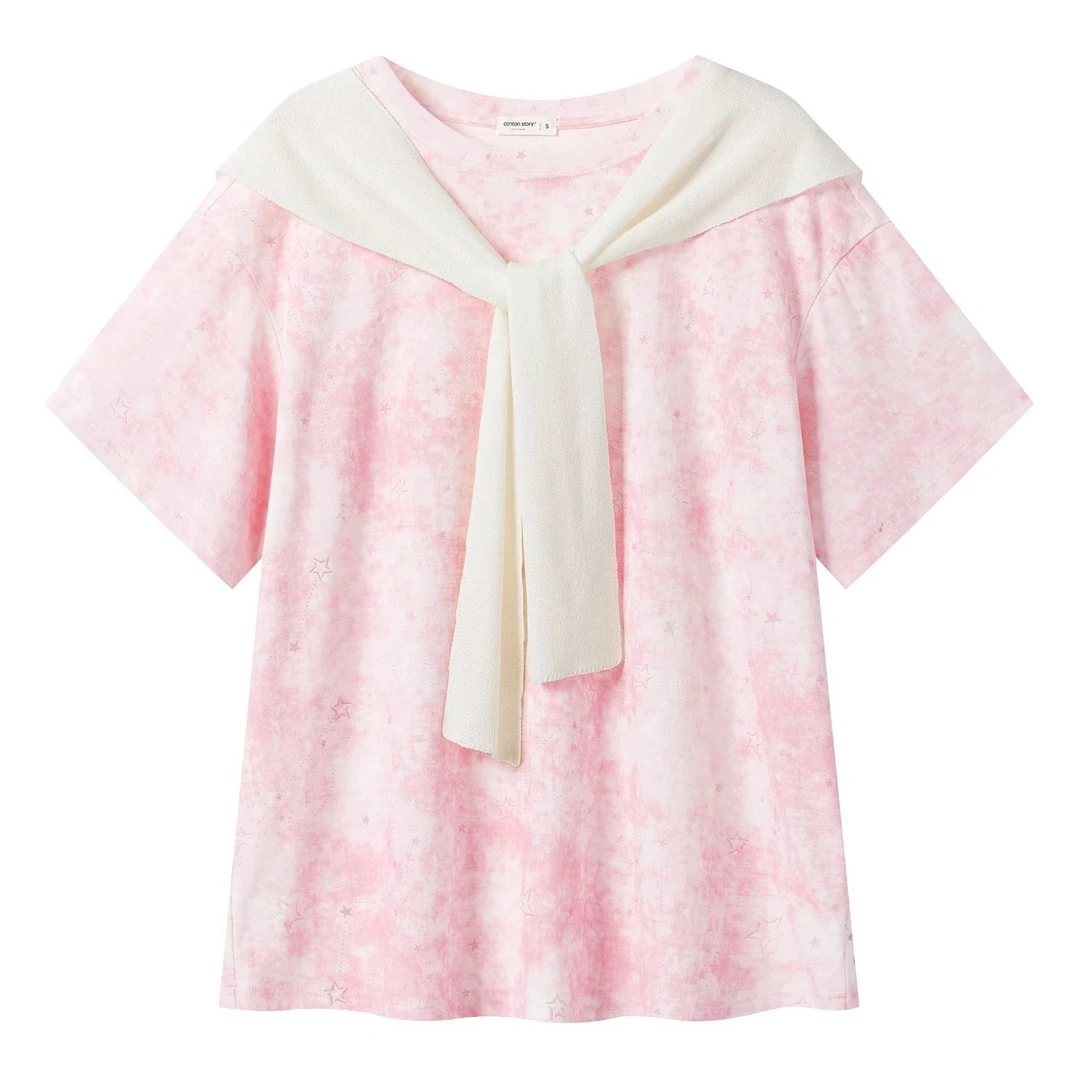 羊城故事-粉色扎染圆领正肩短袖t恤新款宽松休闲上衣Y50550280