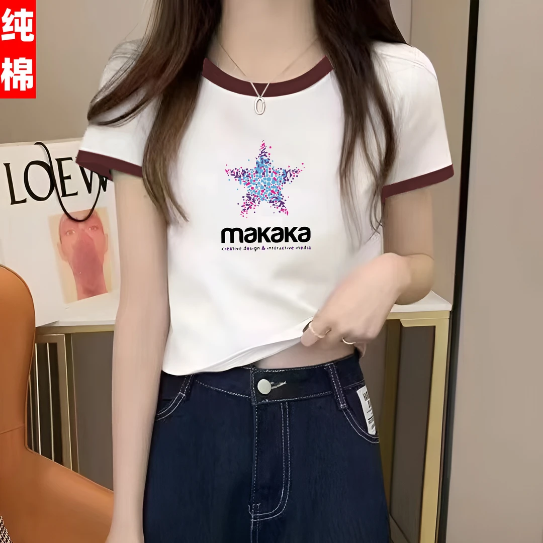 纯棉短款高腰撞色设计感短袖T恤圆领矮个子修身显瘦时尚百搭上衣