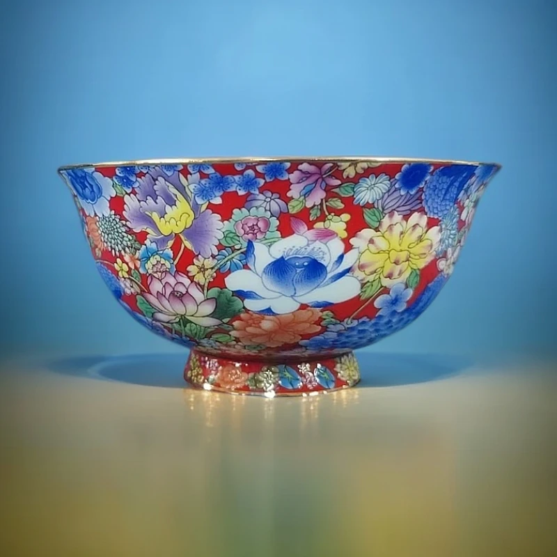 【6个装】斗彩万花争艳4.5英寸中式米饭碗（中国红）珐琅彩描金陶瓷碗