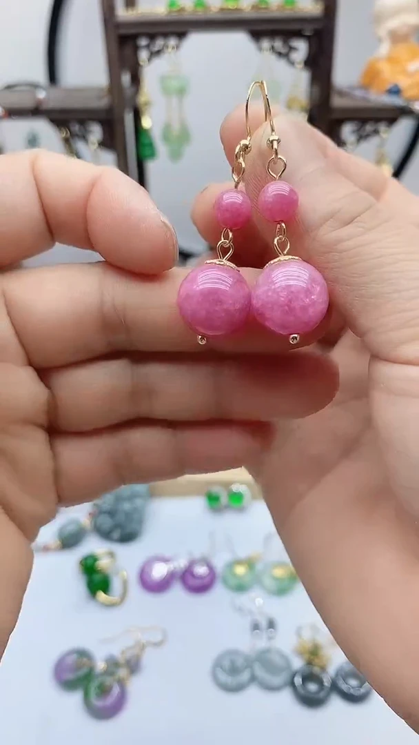 菱锰矿（红纹石）14K金镶嵌耳饰36