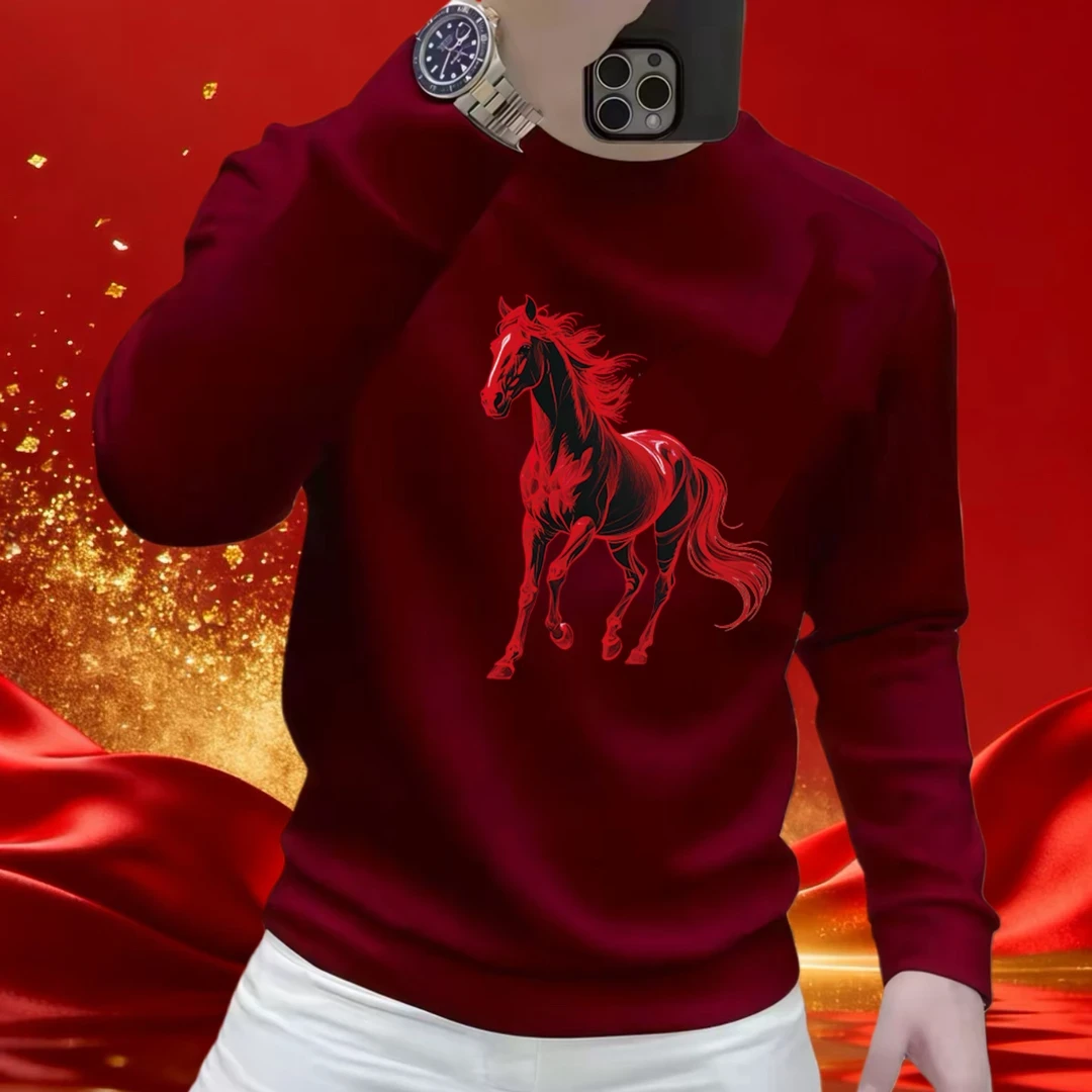 2026马年爆款骏马印花华棉卫衣男士本命年红色高级感长䄂体恤上衣
