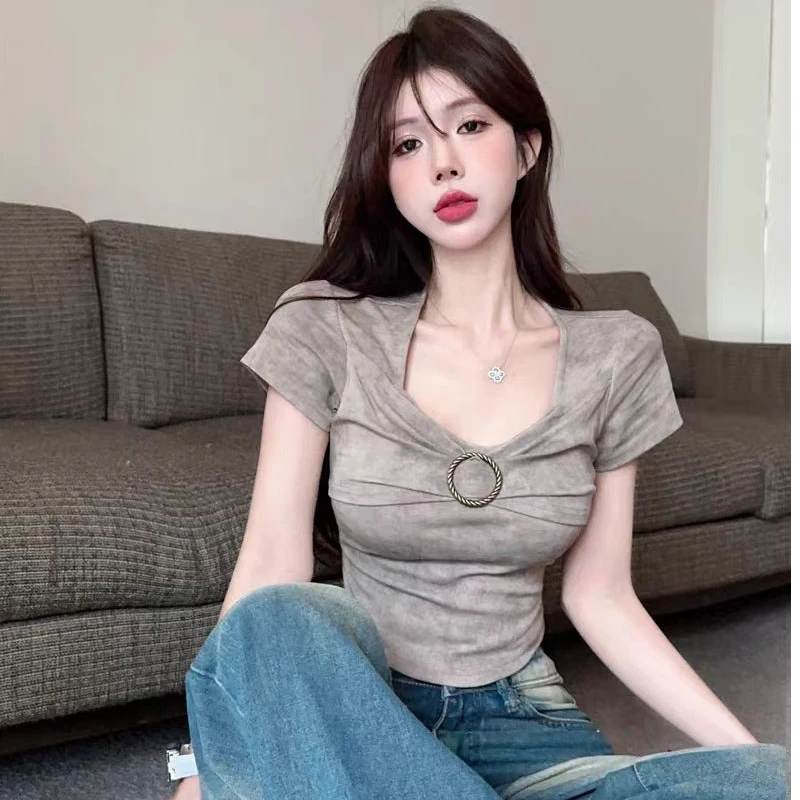 复古小众修身短袖辣妹短款正肩上衣法式扎染方领T恤女夏设计感