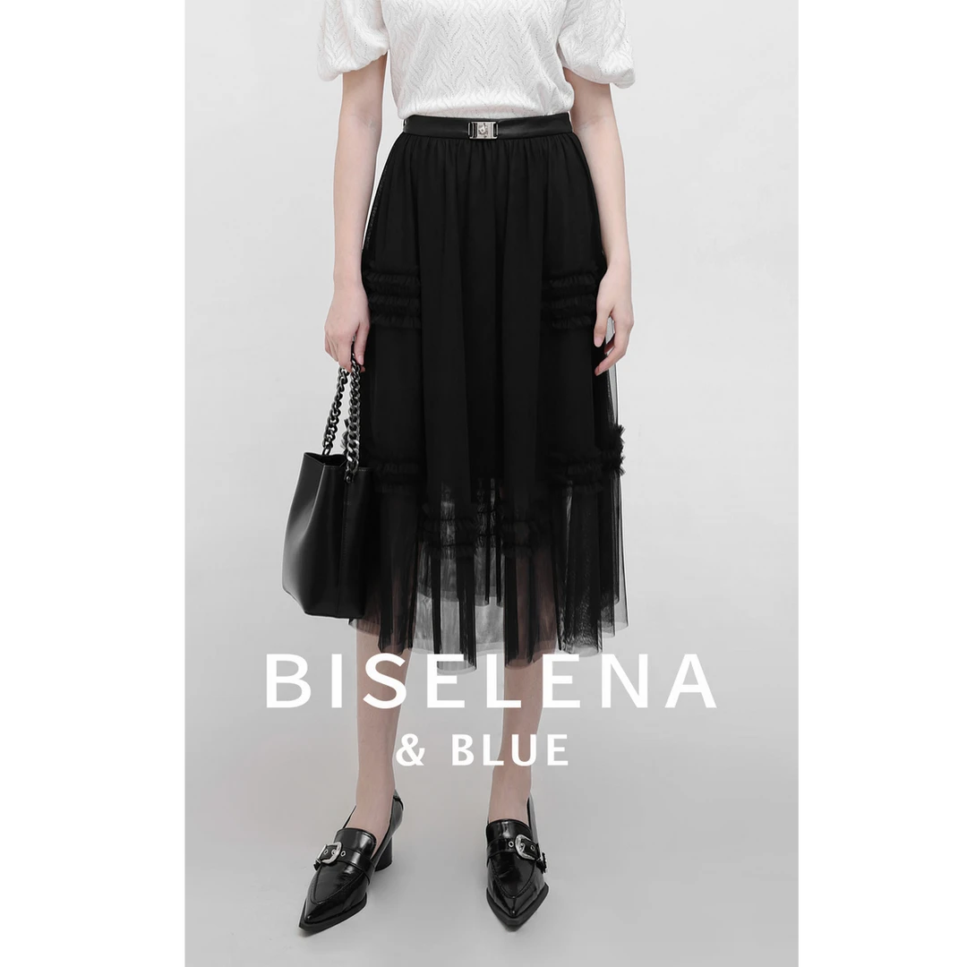 “法式赫本”重工压褶半身伞裙2025年春季新款网纱半身长裙高腰气质