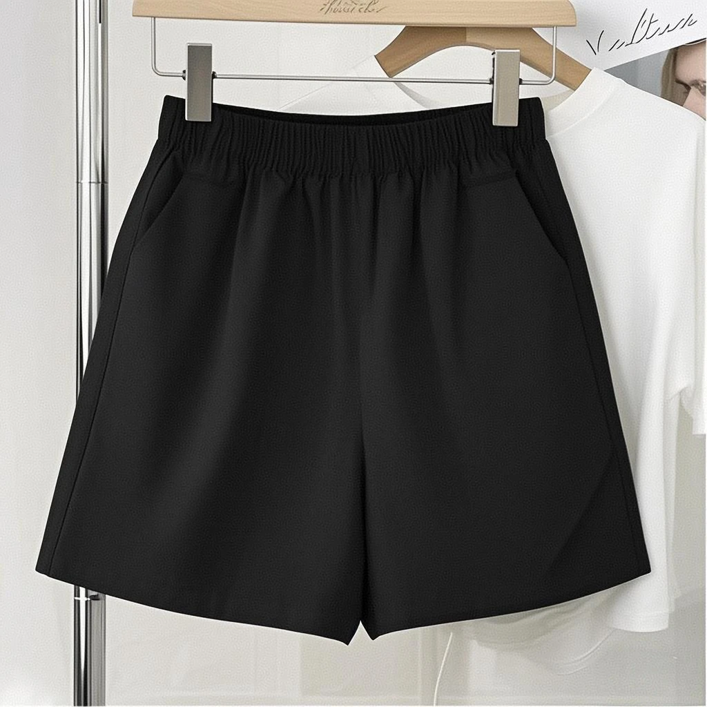 胖MM栖迟 12013大码女装松紧腰显瘦百搭洋气设计感高腰短裤