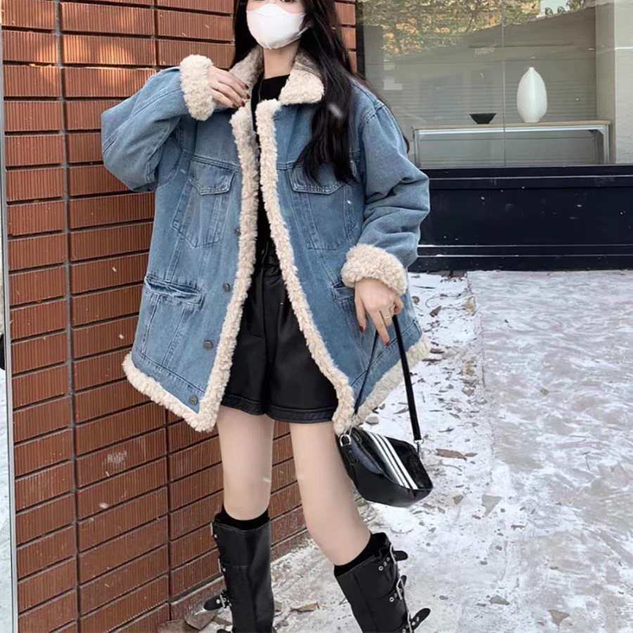 复古拼接宽松牛仔夹棉外套#3939