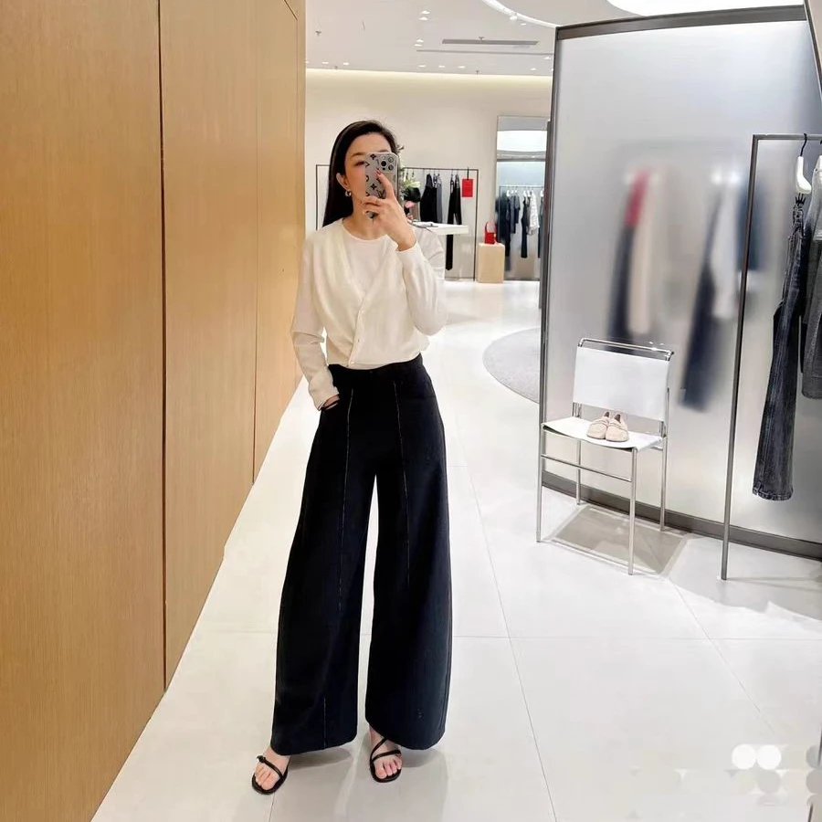 ed西裤女2025春季新款撞色线毛边阔腿休闲长裤EBE1PAE011