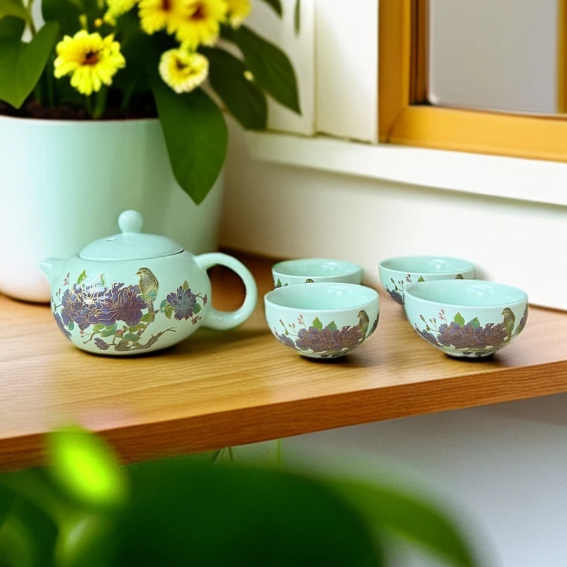 绿泥喜上眉梢西施壶一壶带四杯-ZHZ153