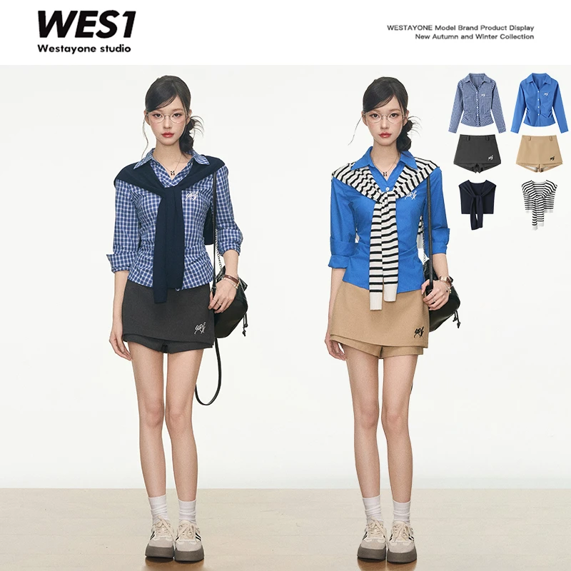 7.20 新品 WESTAYONE 女士衬衫修身格子高级感衬衣韩系+短裙裤