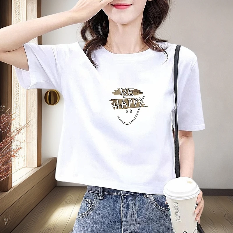 100%纯棉高腰T恤小个子夏季宽松短款t恤新款洋气衣服女装短袖上衣