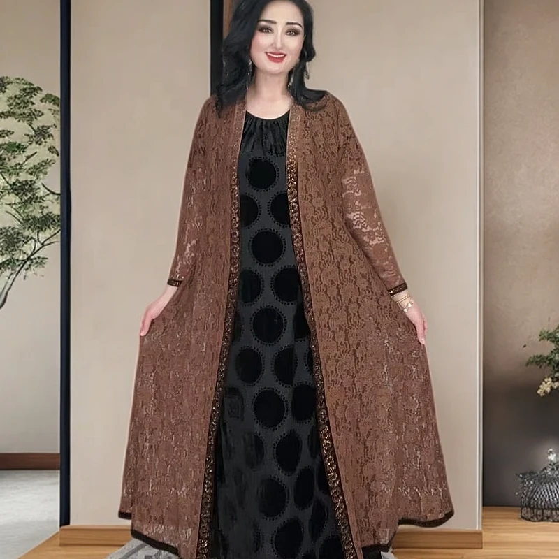 女士春夏中长款休闲风开衫外搭上衣打底衫蕾丝重工百搭V领