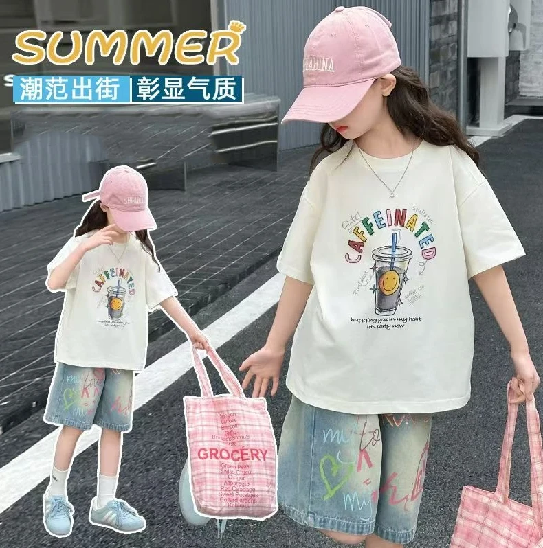 女童夏季新款T恤洋气女宝宝宽松字母图案百搭短袖上衣