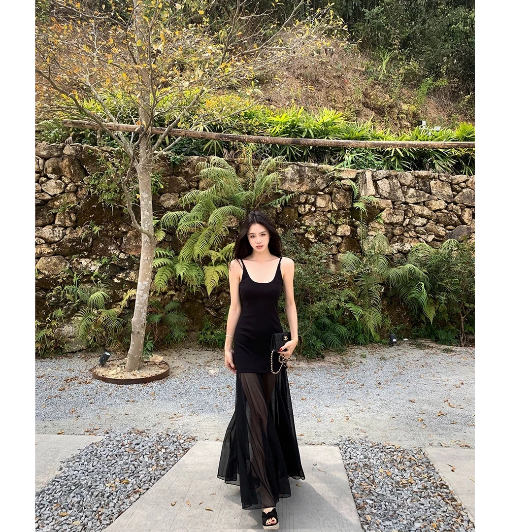 清冷艺术拼接网纱针织长裙显瘦长款仙女夏季吊带连衣裙