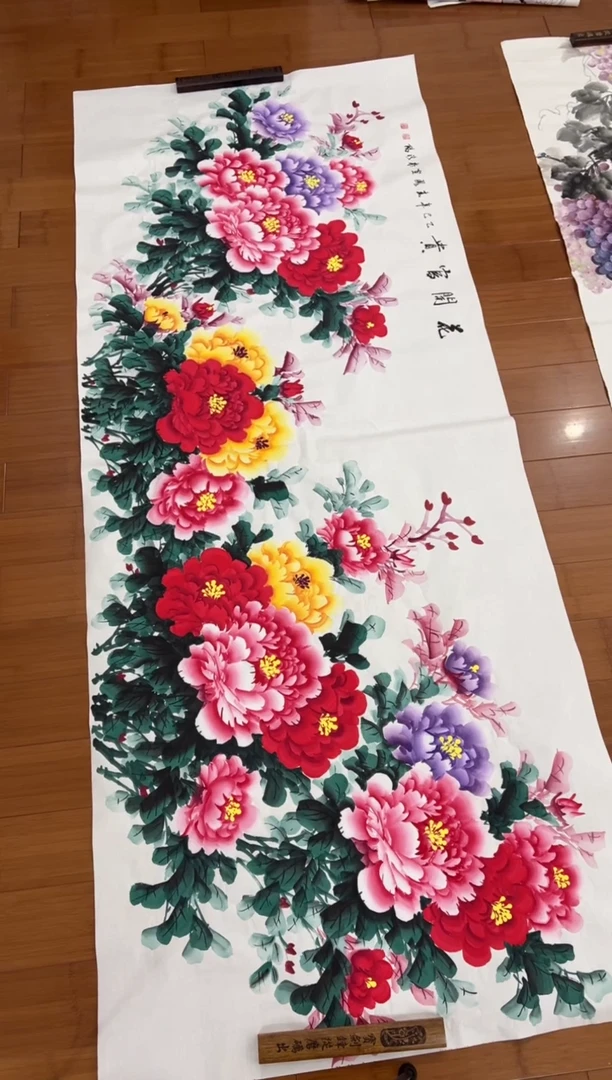 国画【福利，纯手工手绘】李春凤牡丹横幅240*96厘米