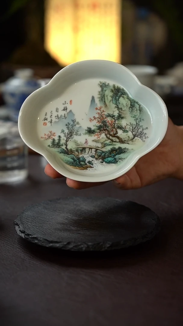 王钢全手工手绘青绿山水壶承