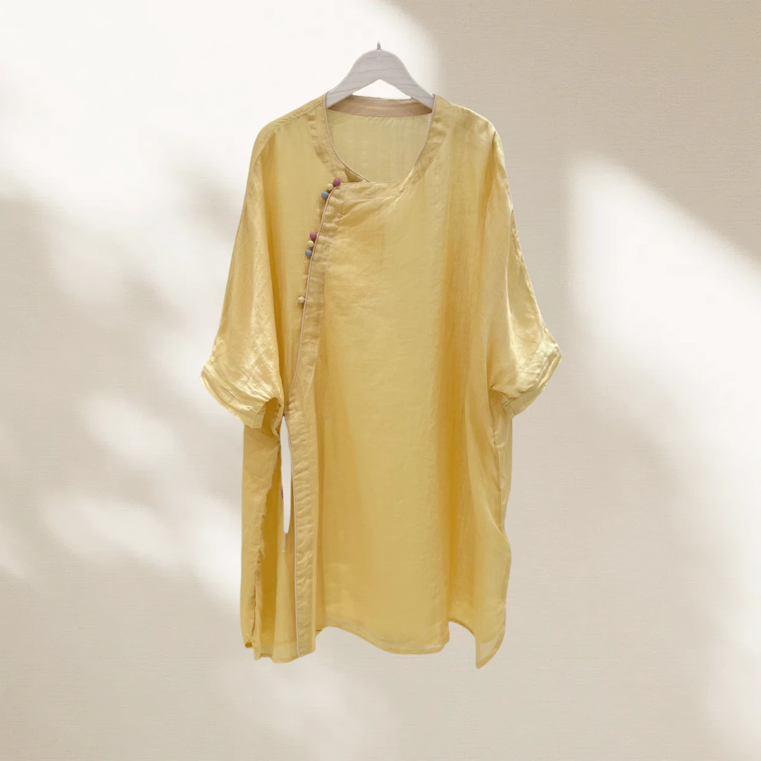 夏季苎麻纯色斜襟国风茶服中长款上衣防晒衣大码女装1826