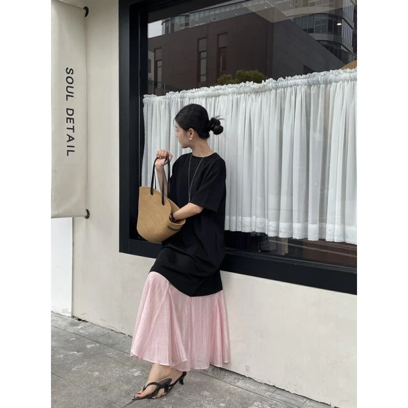 韩系时尚爆款拼接假两件撞色连衣裙女夏季设计感不规则T恤长裙子