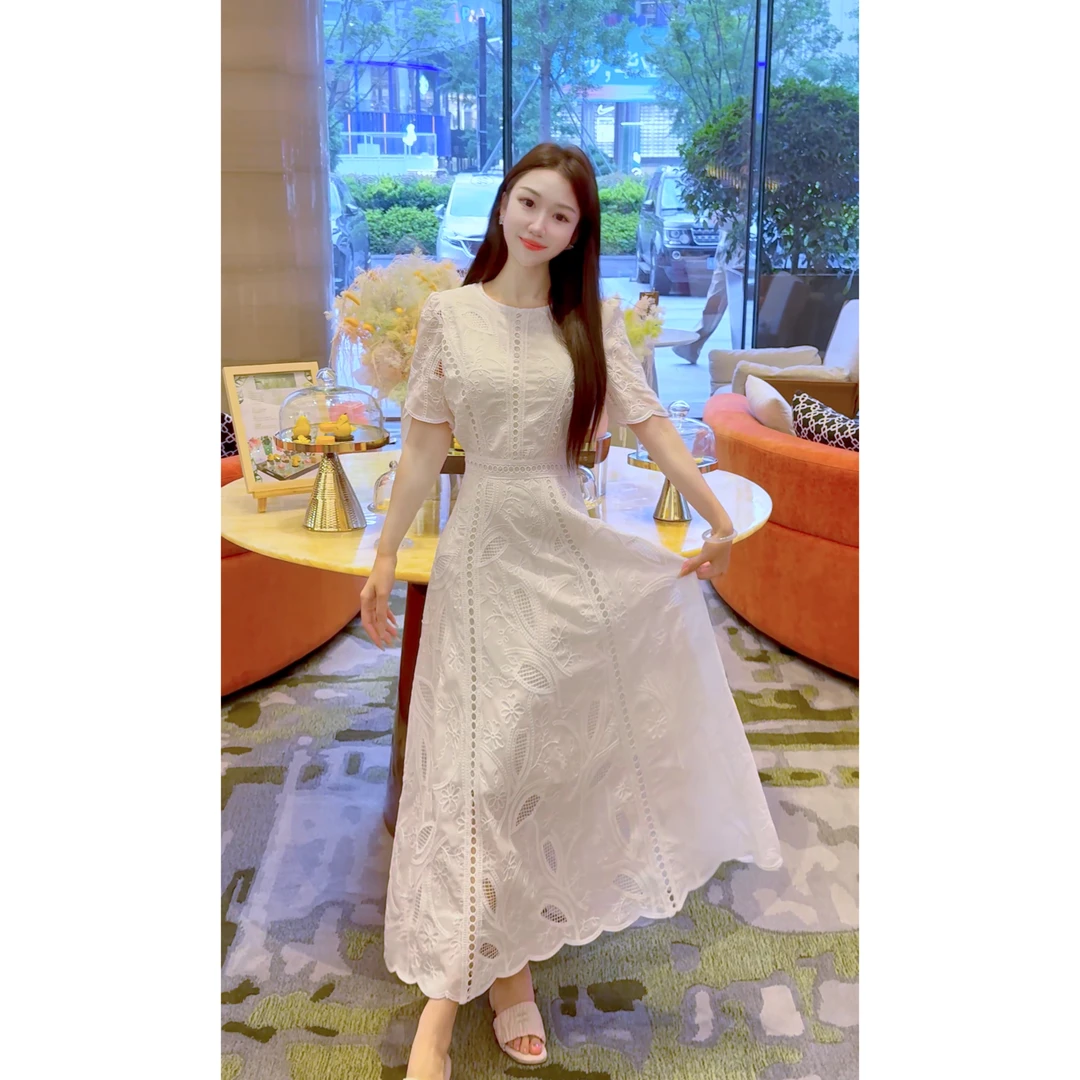缇彩【绮梦生花】优雅夏季裙子镂空花边圆领裙拼接显瘦连衣裙现