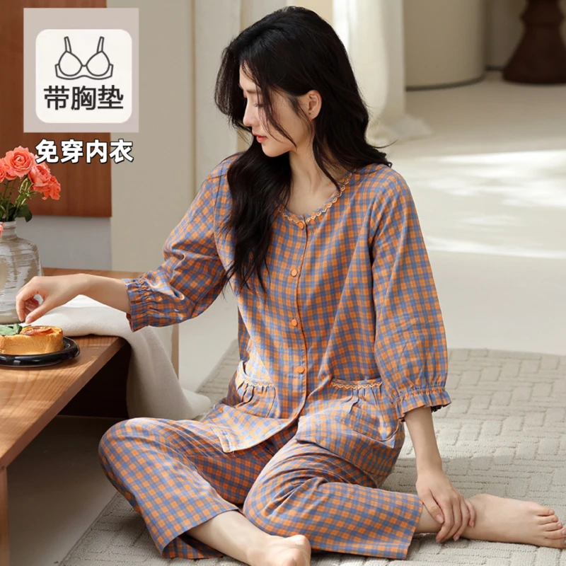 2025年夏季新款爆款格子睡衣女七分袖九分裤休闲可外穿家居服套装
