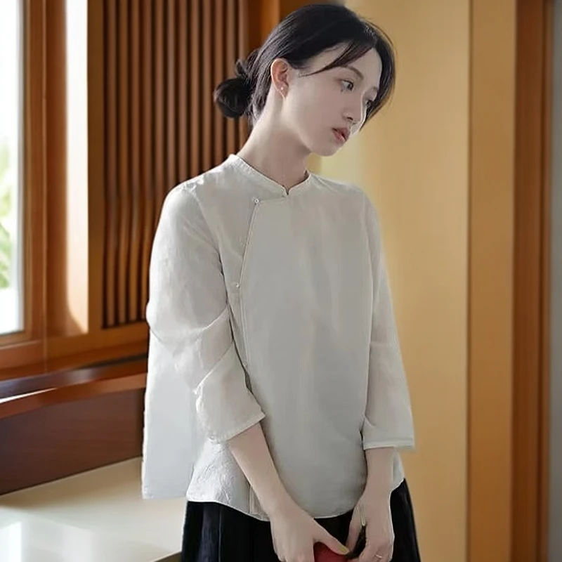打底衫旧白色国风中国风衬衣复古中式禅意文艺民国风立领
