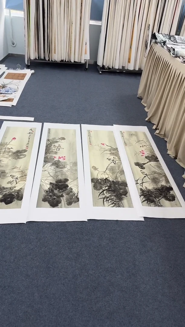 国画荷花条屏手绘作品