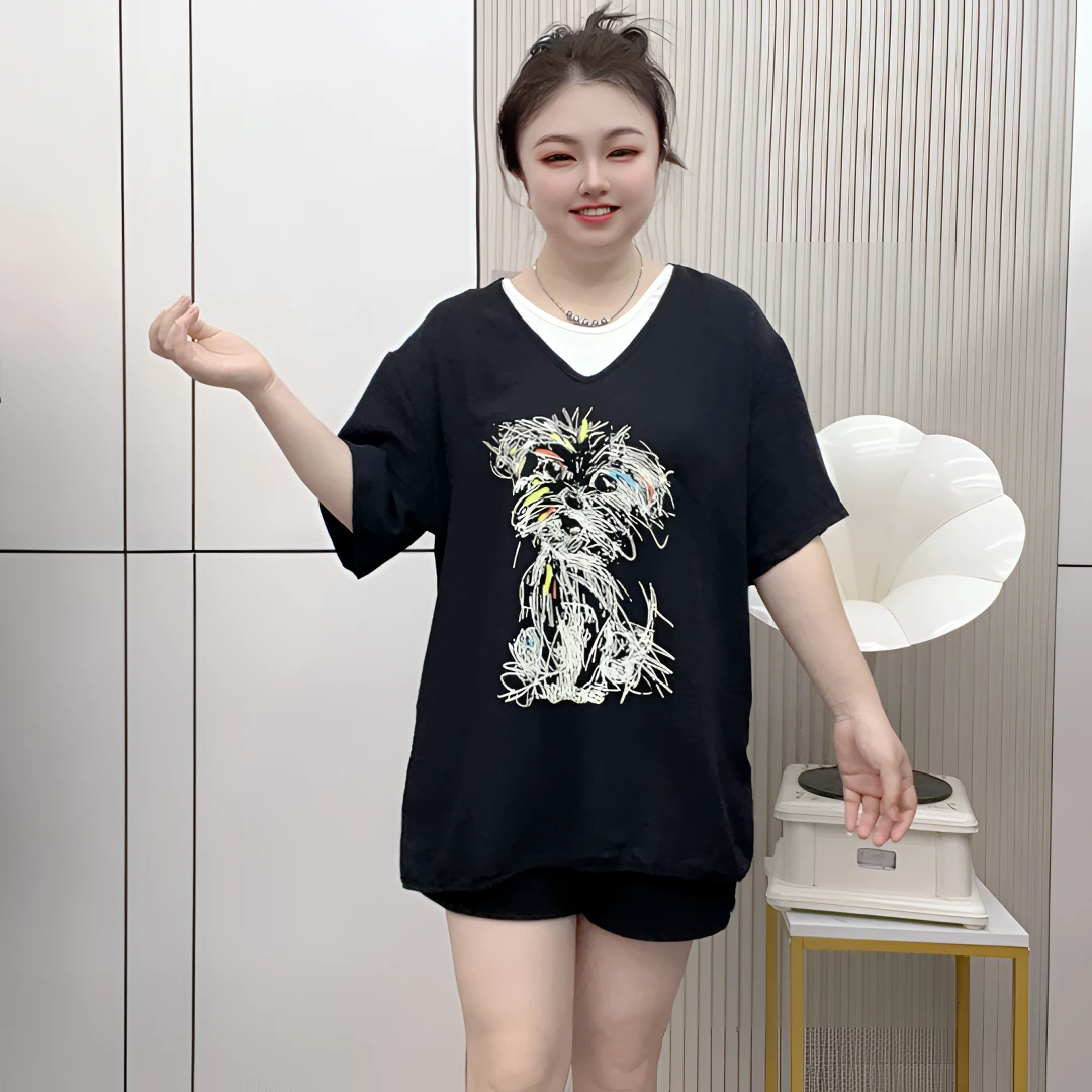 夏季短袖-韩版雪纳瑞印花假两件T恤宽松大版时尚百搭气质潮流