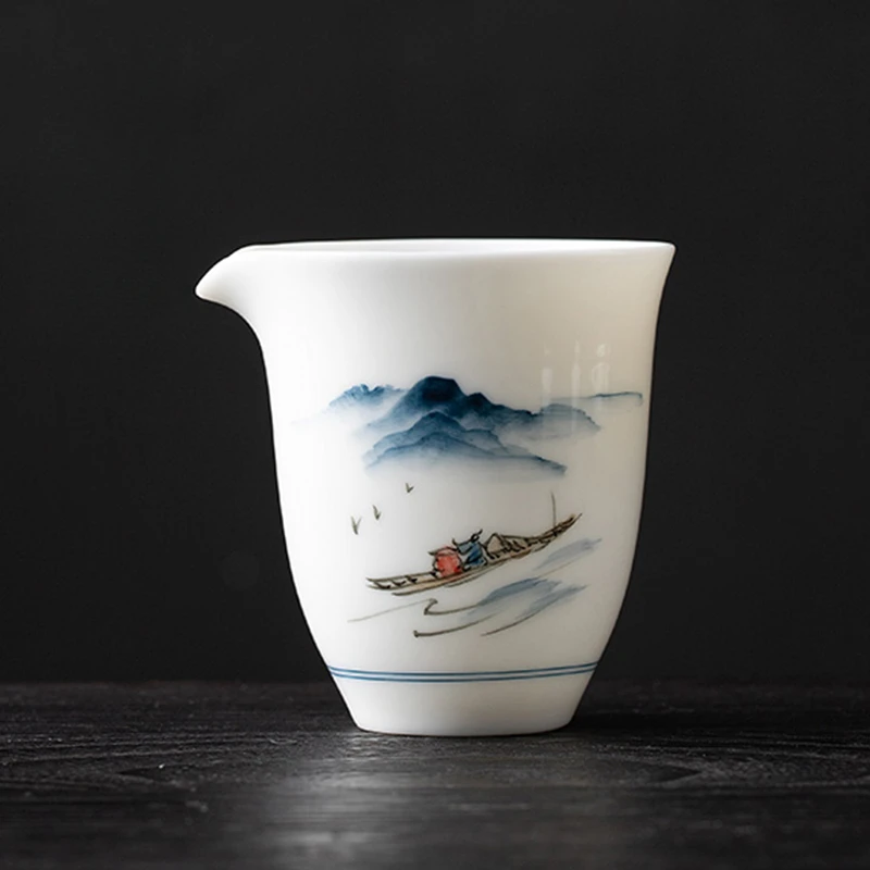 纯手绘渔舟唱晚陶瓷茶具家用悬停盖碗泡茶器具三才盖碗茶具功夫茶