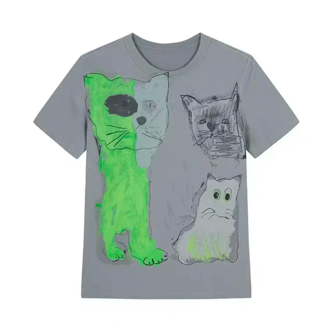 H211【绿猫】新款百搭修身弹力显瘦猫咪印花正肩圆领短袖T恤上衣女