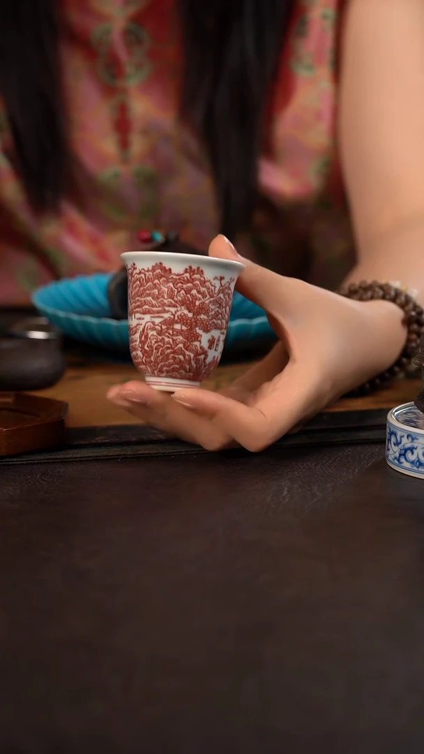 贵红窑釉里红重工山水闻香杯