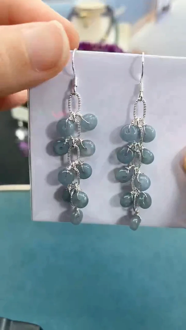 银S925镶嵌翡翠耳饰蓝水算盘鞭炮