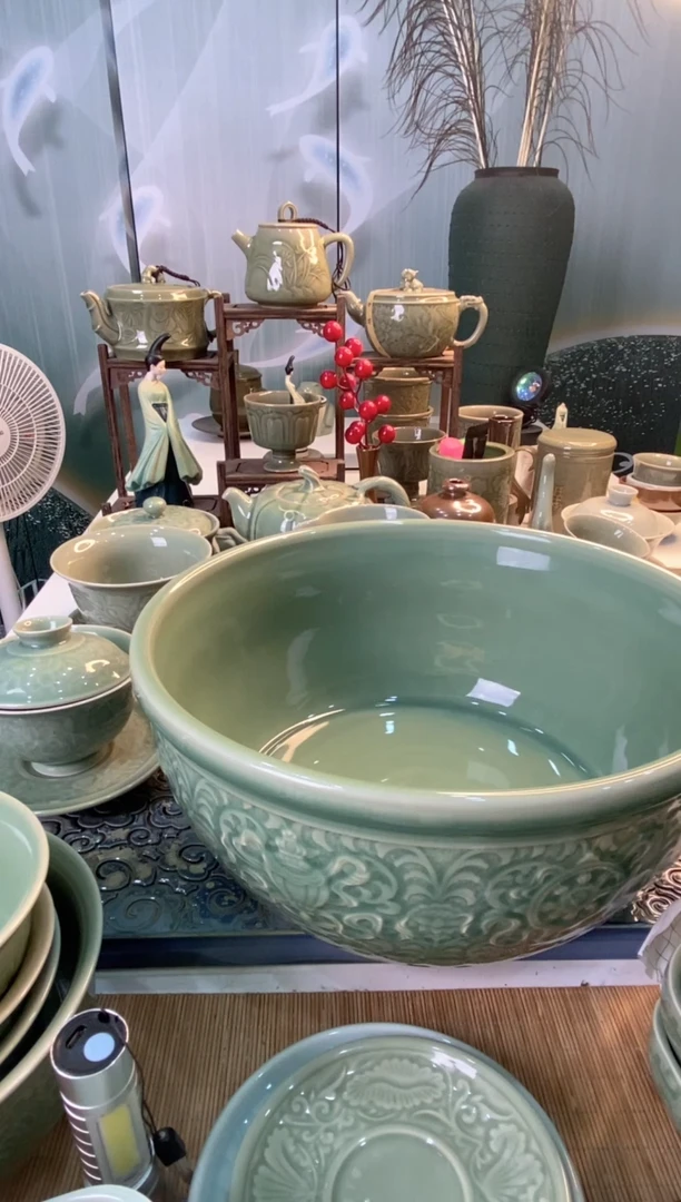 耀州窑微瑕处理青釉【000158】 12*27cm八宝和面盆