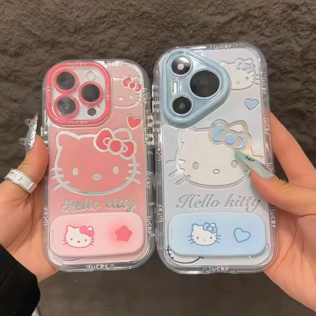 潮牌新款卡通凯蒂猫泡芙镜面手机壳镜子支架