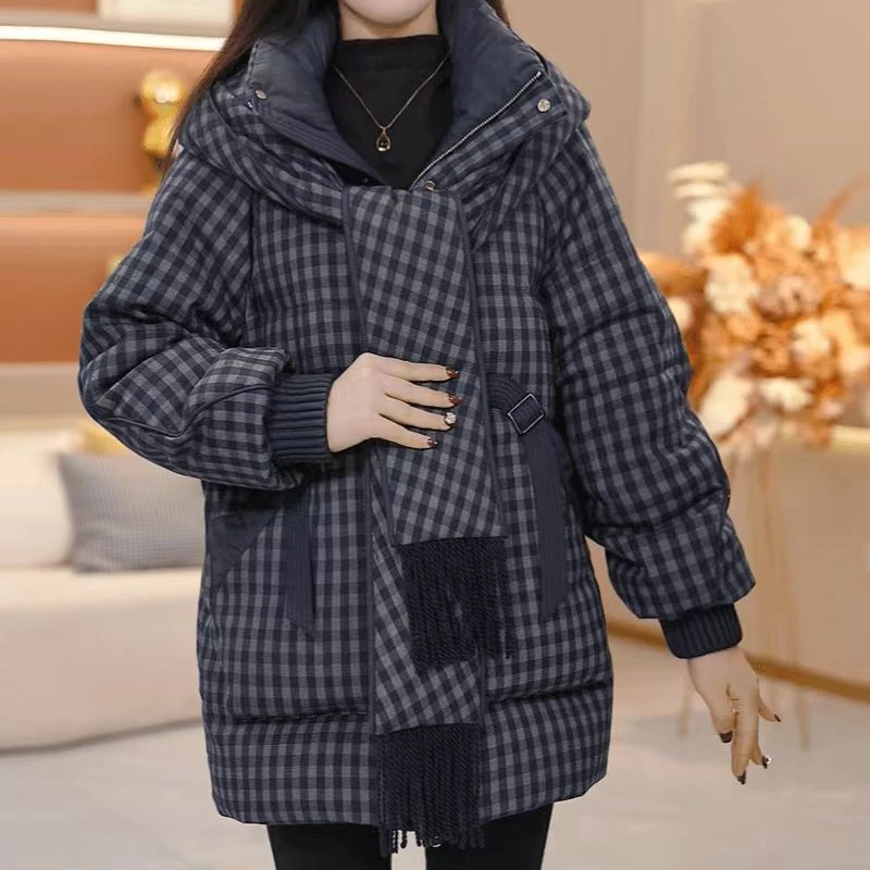 连帽格纹气质保暖时尚加厚棉服新款宽松2025年冬季潮流宽松外套