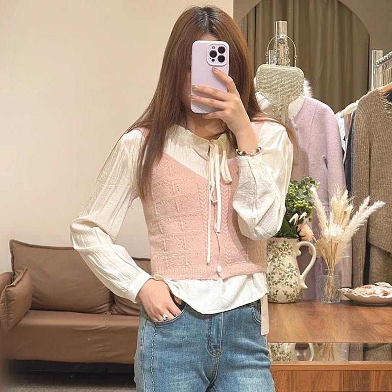 春夏新款时尚气质圆领特色系带衬衫配 v 领开扣马甲套装叠穿外套