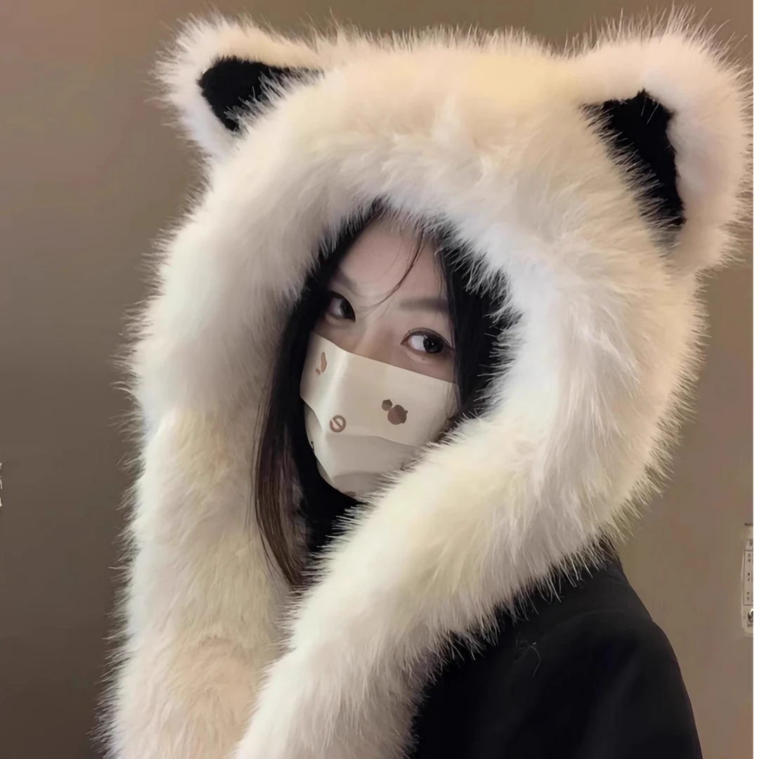 毛绒绒加厚狐狸耳朵帽子围巾一体女百搭秋冬季保暖显脸小雷锋帽