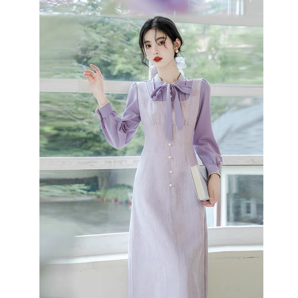 秋季小香风高级感洋气减龄时尚假两件紫色温柔风连衣裙穿搭套装女