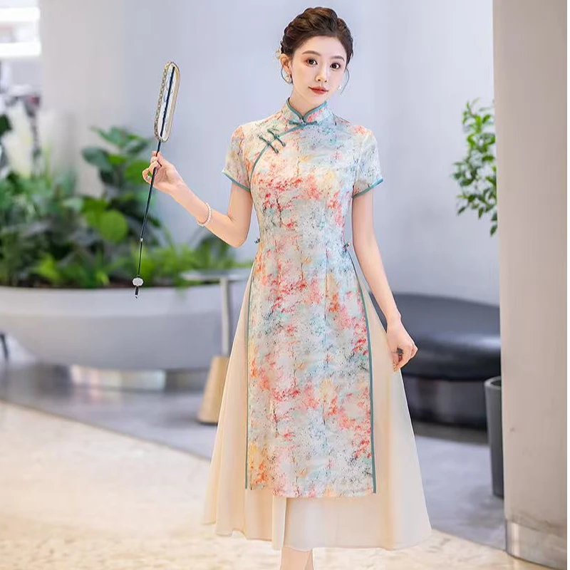 瓷萱【多丽】奥黛改良旗袍夏季短袖显瘦中长款中式春夏修身旗袍裙