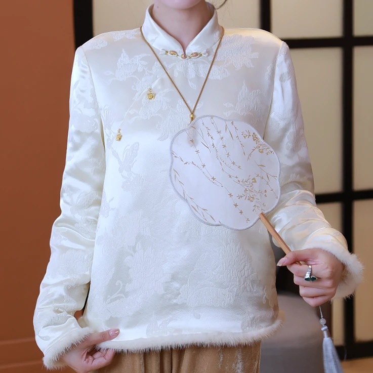 冬季复古中国风新中式立领加绒加厚女衬衫3006