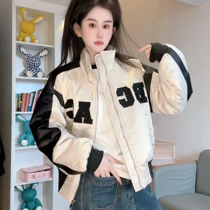 【加棉】立领撞色拼接冬美式百搭领原创设计棒球服时尚字母薄棉服