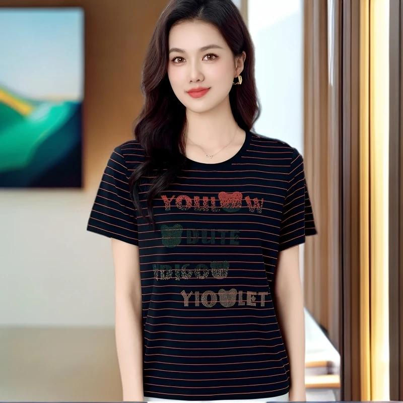 2025初夏2521新款字母小熊烫钻条纹撞色时尚休闲女装圆领半袖